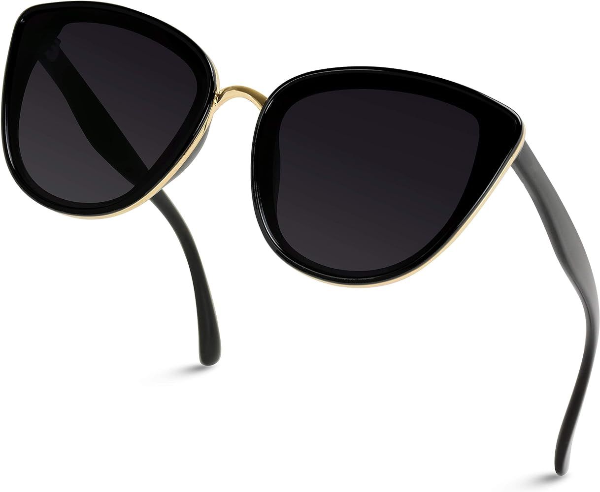 WearMe Pro - Classic Women Oversized Metal Frame Elegant Mirrored Lens Cat Eye Sunglasses | Amazon (US)