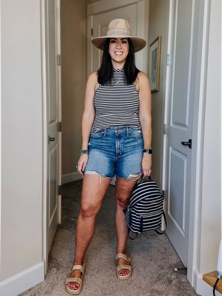 Mom vacation outfit
Tank-medium
Shorts-29 curvy 
Sandals-sized up one
Hat-small

#LTKtravel #LTKcurves #LTKFind
