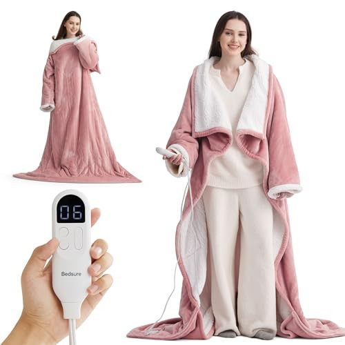 Bedsure Wearable Heated Blanket with Foot Pocket - Electric Snuggle Blanket for Adult with Sleeves, Winter Gifts for Mom Women Girlfriend, Warm Sherpa Heating Throw, Auto Shut Off, 50 x 71+18", Pink | Amazon (US)