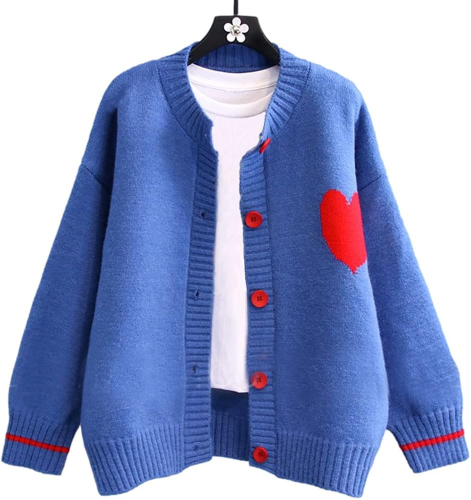 FindThy Women's Cute Cardigan Sweater Kawaii Love Heart Print Y2K Button Knitted Outerwear | Amazon (US)