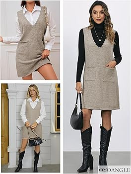 OYOANGLE Women's V Neck Sleeveless Knitted Solid Short Sweater Dress with Pockets | Amazon (US)