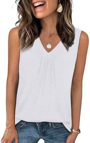 OFEEFAN Womens Summer Tops Sleeveless Shirts White Tank Top Woman Tshirts Shirts for Women V Neck Ruched Tees L | Amazon (US)