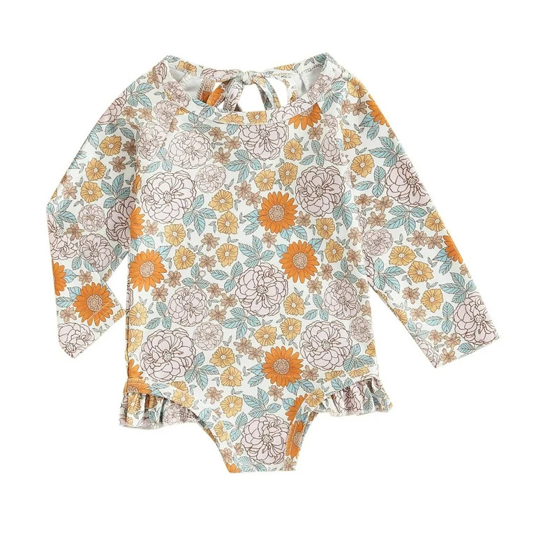 Toddler Swimsuit Girl One Piece Long Sleeve Flower Print Yellow Beach Bathing Suit,Size 110 | Walmart (US)