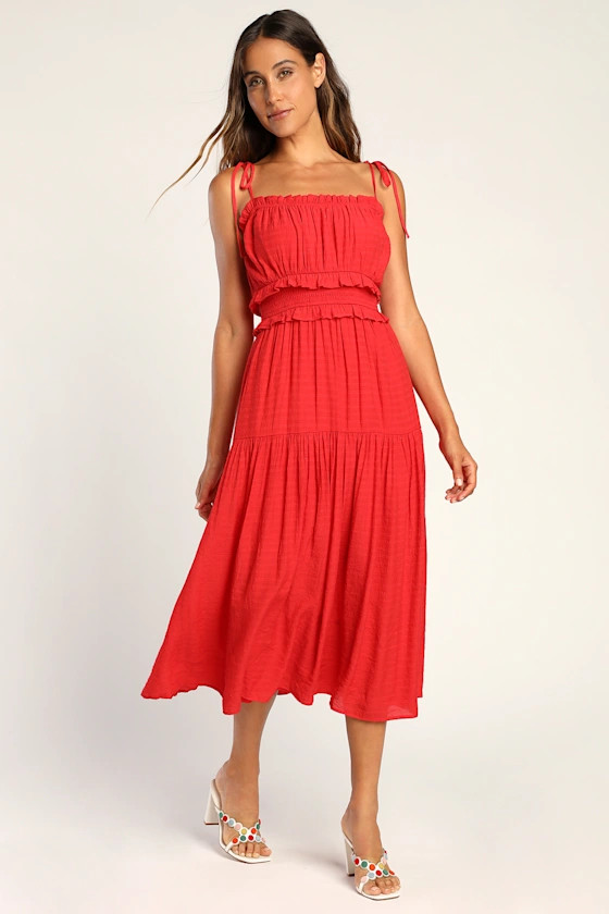 Strolling Santorini Red Tiered Smocked Tie-Strap Midi Dress | Lulus