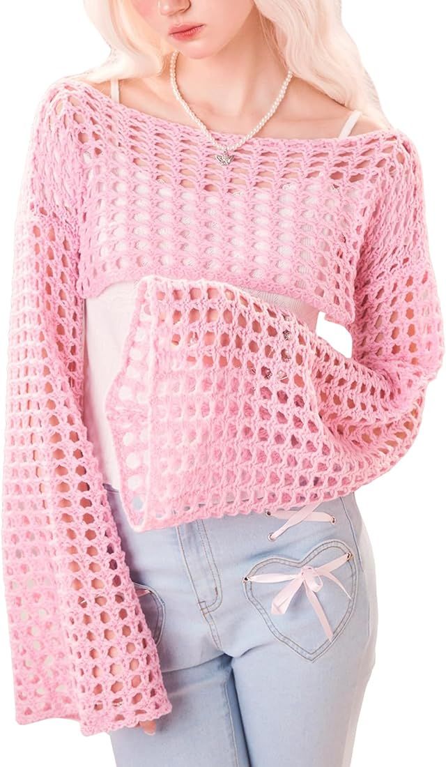 SHENHE Women's Crochet Hollow Out Long Sleeve Y2K Knit Boat Neck Cropped Sweater Top | Amazon (US)
