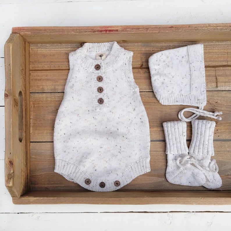 New Born Baby Knit Sweater Romper 3pc SET + knit socks & + knit Hat bonnet  White Cotton Speckled... | Etsy (US)