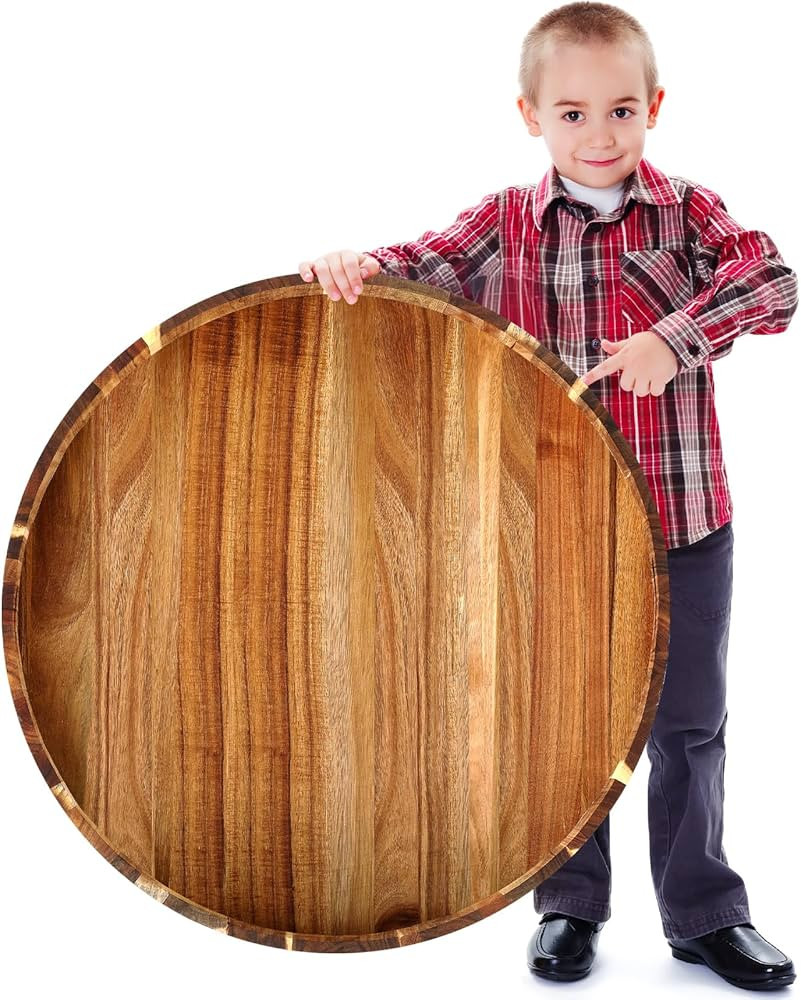 26in Extra Large Round Ottoman Tray with Handles Solid Circle Acacia Wood Decorative Serving Tray... | Amazon (US)