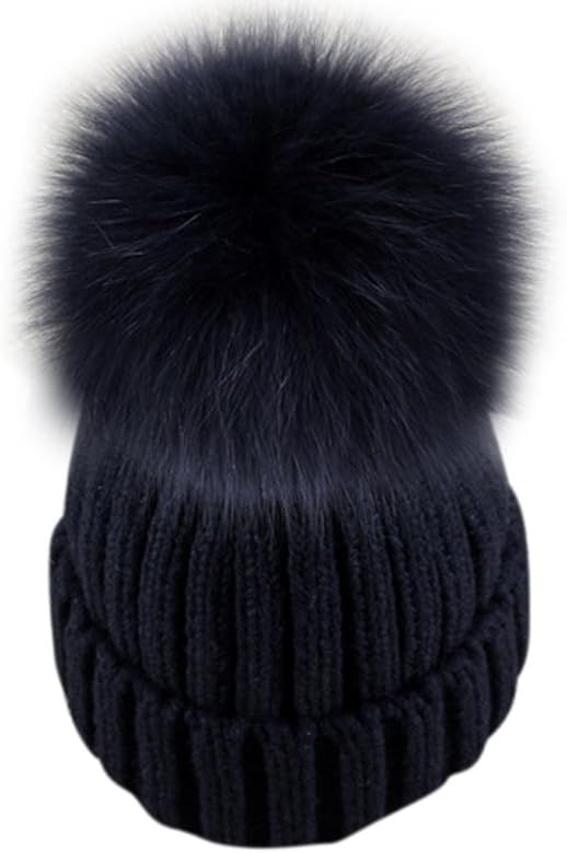 Womens Girls Knitted Fur Hat Real Large Silver Fox Fur Pom Pom Beanie Hats | Amazon (US)