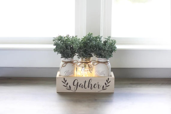 Farmhouse Centerpiece Box, Gather Sign, Mason Jar Centerpiece, Painted Mason Jars, Rustic Kitchen... | Etsy (US)