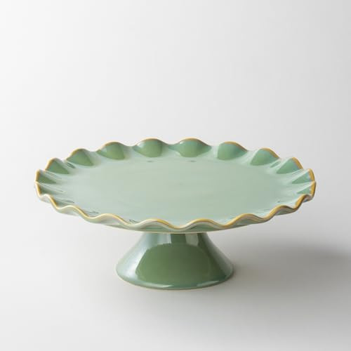 YHOJOY Cake Stand Ceramic, Small Cake Stand for 8 Inch Cake, Vintage Dessert Stand with Ruffle Trim, Decorative Pedestal Cake Plate Cupcake Stand for Tea Party, Teal | Amazon (US)