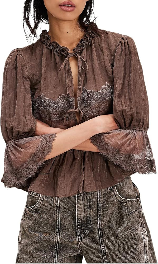 Women’s Tie Front Ruffle Boho Tops Flowy Sheer Short Sleeve Lace Blouse Y2k Embroidered Babydol... | Amazon (US)