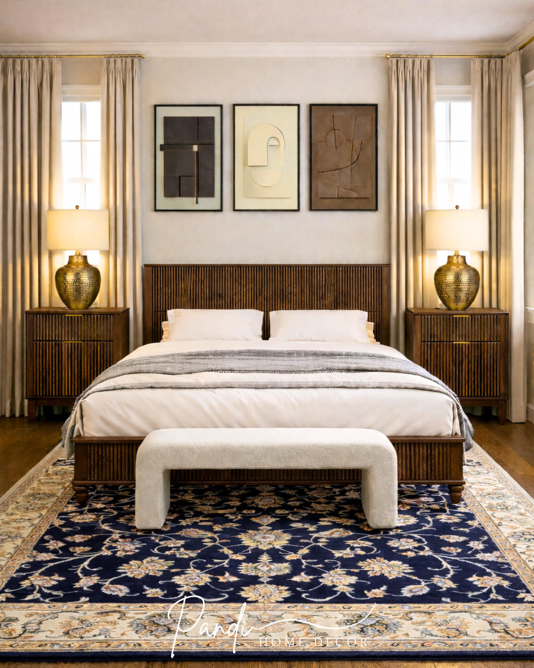 Warm wood tones and soft neutrals create a calm, sophisticated bedroom that feels timeless and inviting 🤎 Elegant lighting, layered textures, and classic decor make the space feel cozy and refined.
#NeutralBedroom #WoodBedroom #BedroomDecor #AccentBench #AreaRug #TableLamp #WallArt #BedroomInspo #HomeDecor 

 #LTKHome