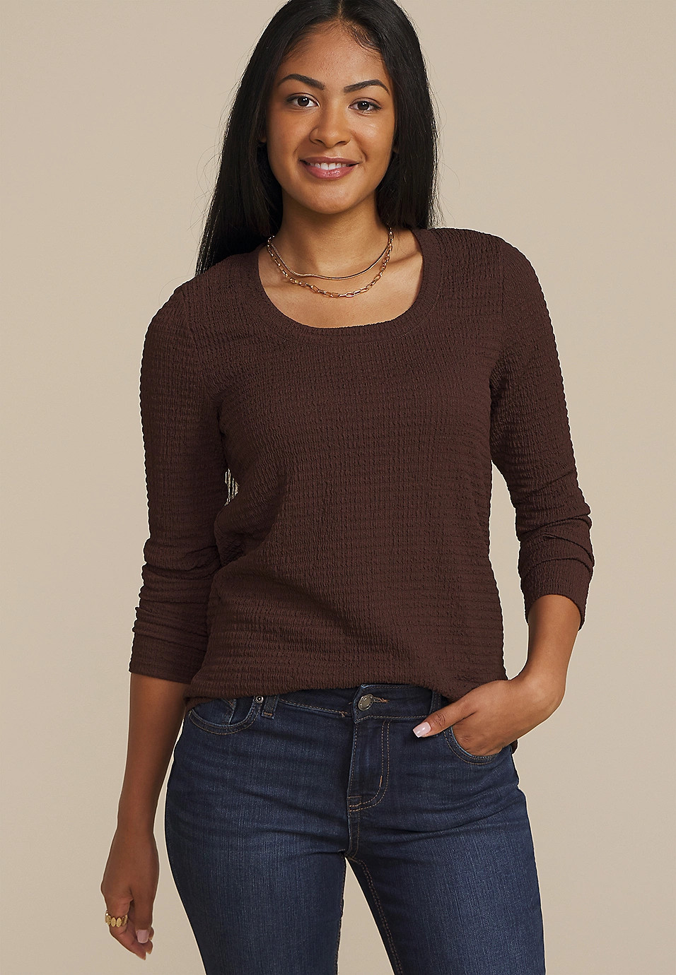 24/7 Textured Scoop Neck Long Sleeve Tee | Maurices