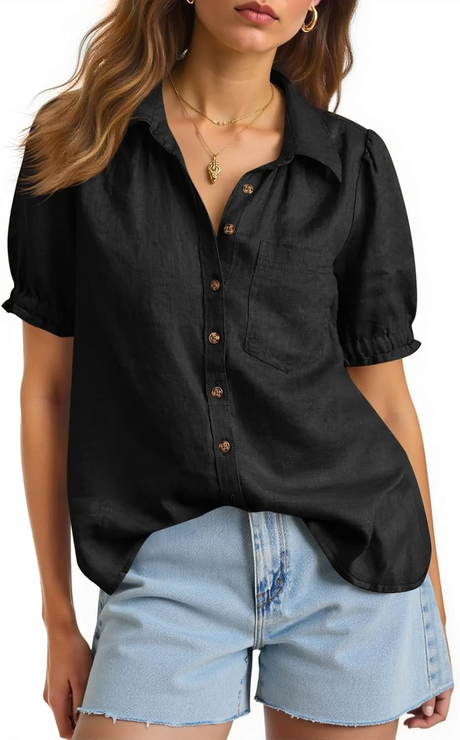 Cicy Bell Womens Puff Sleeve V Neck Blouses Tops Linen Button Down Shirts | Amazon (US)