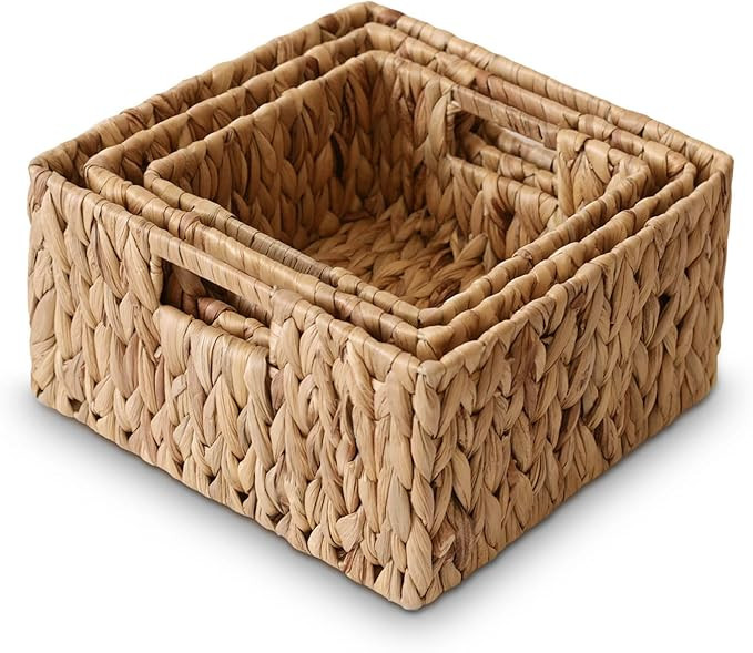 Wicker Storage Baskets Set of 3 Square 12'' Hand-Woven Natural Water Hyacinth Storage Baskets Cub... | Amazon (US)