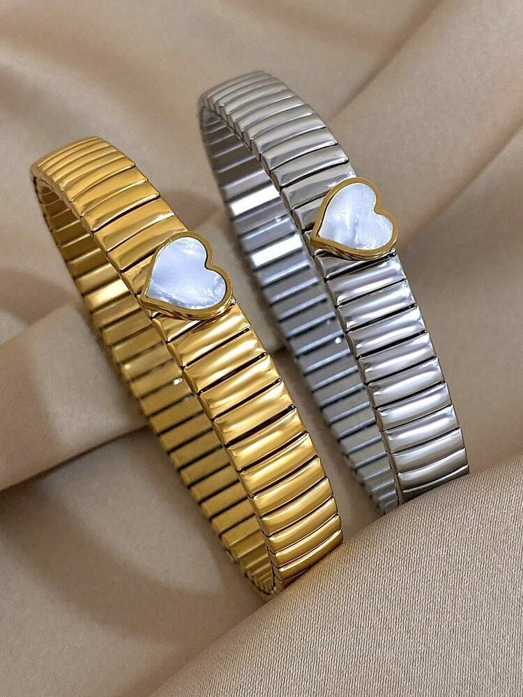 1 Pc Heart Love Charm Strentchy Bracelets For Women Teen Girls Shell Stainless Steel Bracelets Minimalist Daily Party Jewelry Christmas Gifts | SHEIN