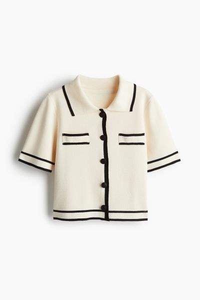 Fine-knit Cardigan with Collar - Short sleeve - Short - Cream - Ladies | H&M US | H&M (US + CA)