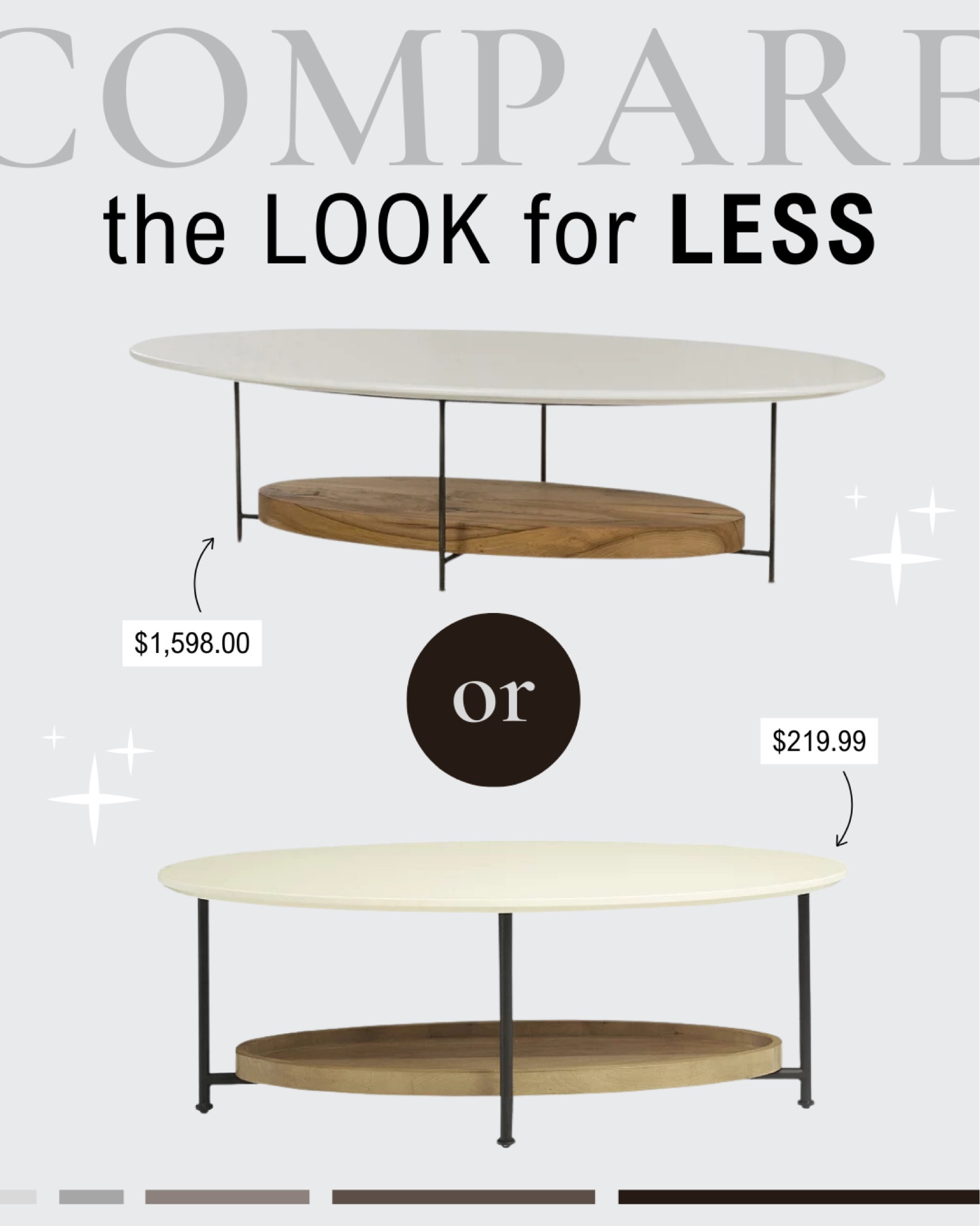 Your weekly look for LESS!  👉🏼 Oval coffee table with a white top and wood base shelf. Supported by black metal legs.

#LTKstyletip #LTKhome