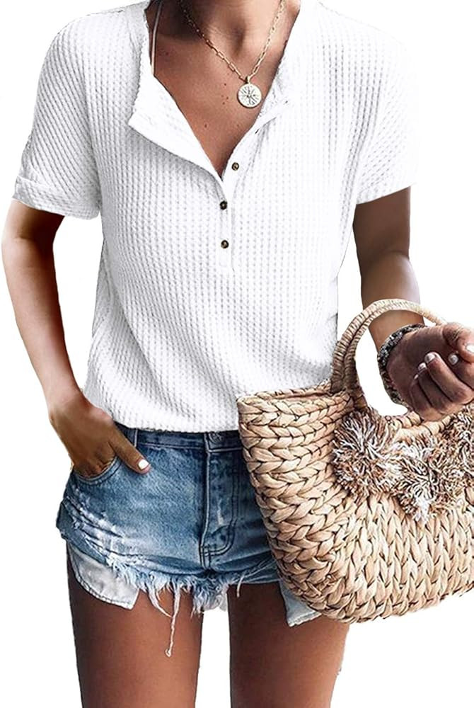Glanzition Womens Tops Short Sleeve V Neck Button Up Loose Waffle Knit Tunic Henley Shirts | Amazon (US)
