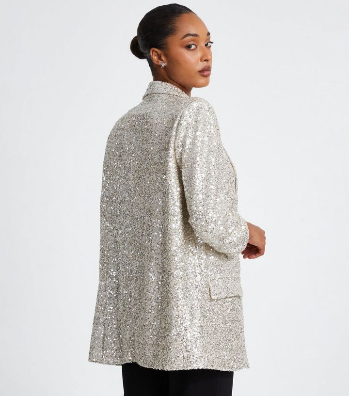 QUIZ Silver Ruched Sleeve Sequin Blazer | New Look | New Look (UK)