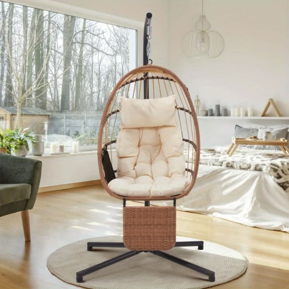 U-HOMY Single Light Beige Wicker Hanging Egg Chair with Stand one_size | LY-111BG-OT | Lowe's