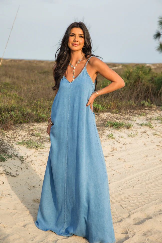 World Is Your Oyster Denim Maxi Dress | Pink Lily
