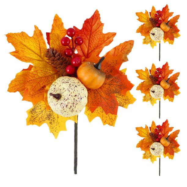 4 PCS Artificial Autumn Maple Leaves Orange Berry, Pumpkin Fall Floral Picks Harvest Decorations ... | Walmart (US)