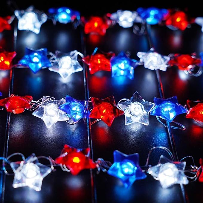 20FT 60 LED Red White and Blue Star Fairy Lights Battery Operated, American Flag Twinkle Lights w... | Amazon (US)
