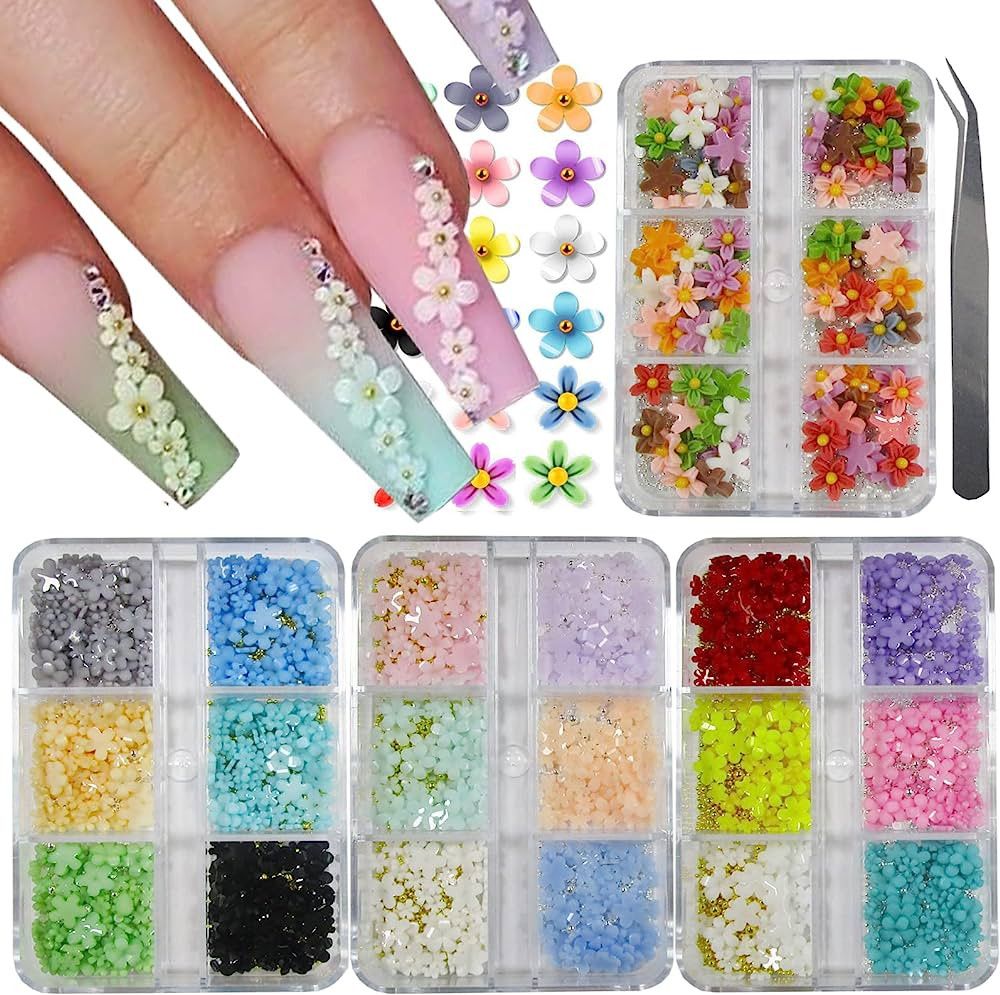 LoveOurHome 4 Boxes 3D Flower Nail Charms Colorful Blossom Studs Acrylic Nail Supplies with Gold ... | Amazon (US)