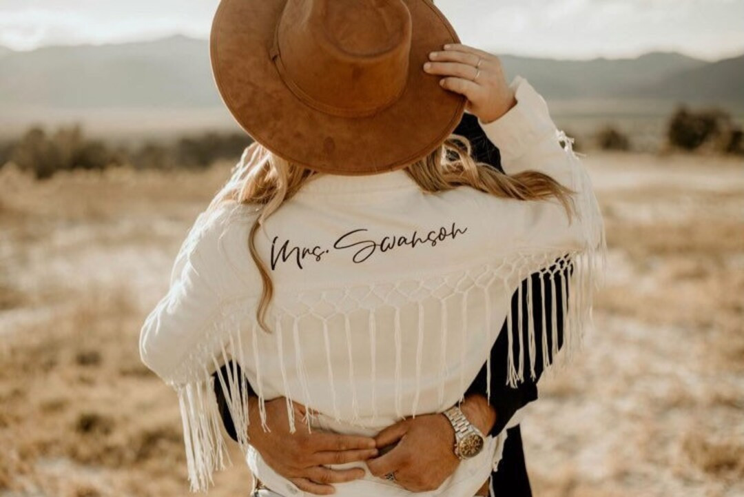 Custom Bride Jean Jacket | White Fringe Tassel Jacket | Mrs Denim Jacket | Engagement Photo Jacke... | Etsy (US)