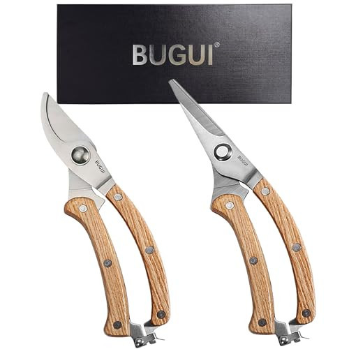 BUGUI 8” Wood Handle Garden Scissors, Set of 2, Includes Bypass Pruning Shears and Long Straight Tip Clippers, Premium Gardening Tools with Precision-Ground SK-5 Steel Blade | Amazon (US)