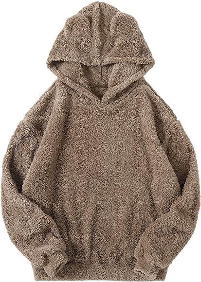 WDIRARA Women's Fuzzy Long Sleeve Pullovers Hoodie Cute Teddy Bear Hooded Sweatshirt | Amazon (US)