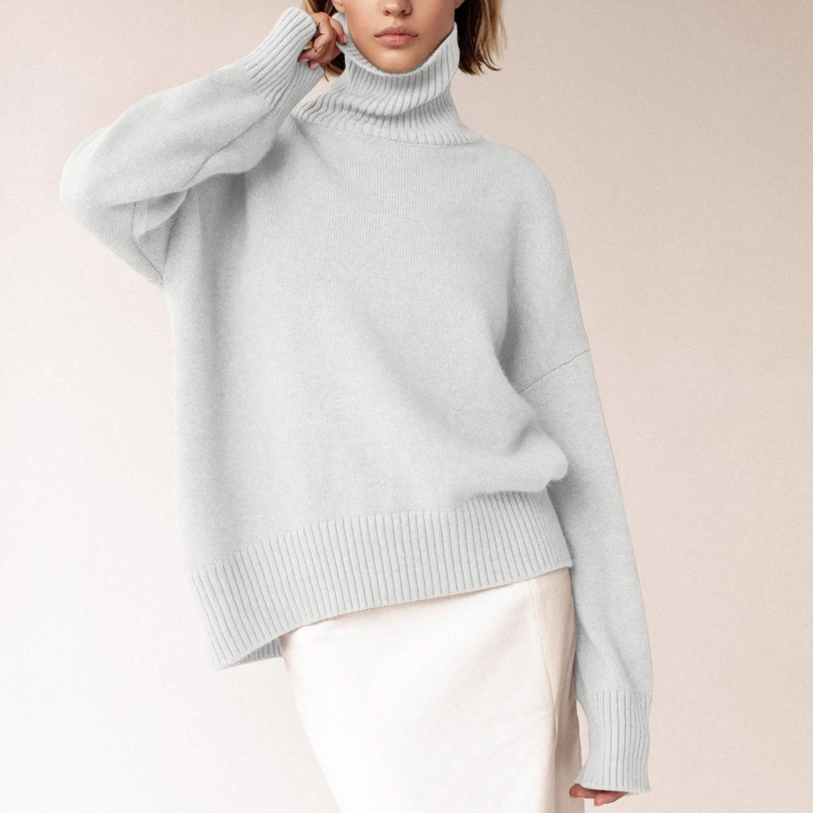 Bnwani Sweater Turtleneck for Women Knit Solid Color Long Sleeve Loose Gray Woman Sweater Size S(... | Walmart (US)