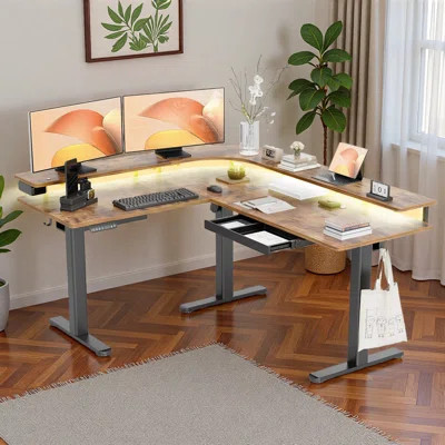 63" L Shaped Standing Desk with Drawers, Power Outlet and LED Lights, Height Adjustabl | Wayfair North America