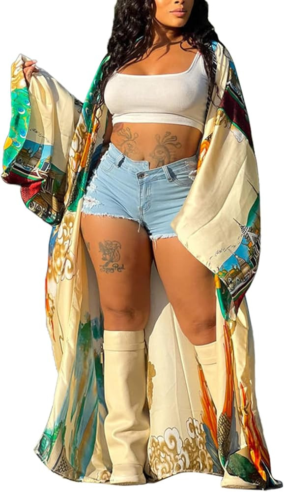 Famnbro Women's Floral Print Satin Robe Kimono Cardigan Open Front Long Cover Ups Outerwear One S... | Amazon (US)