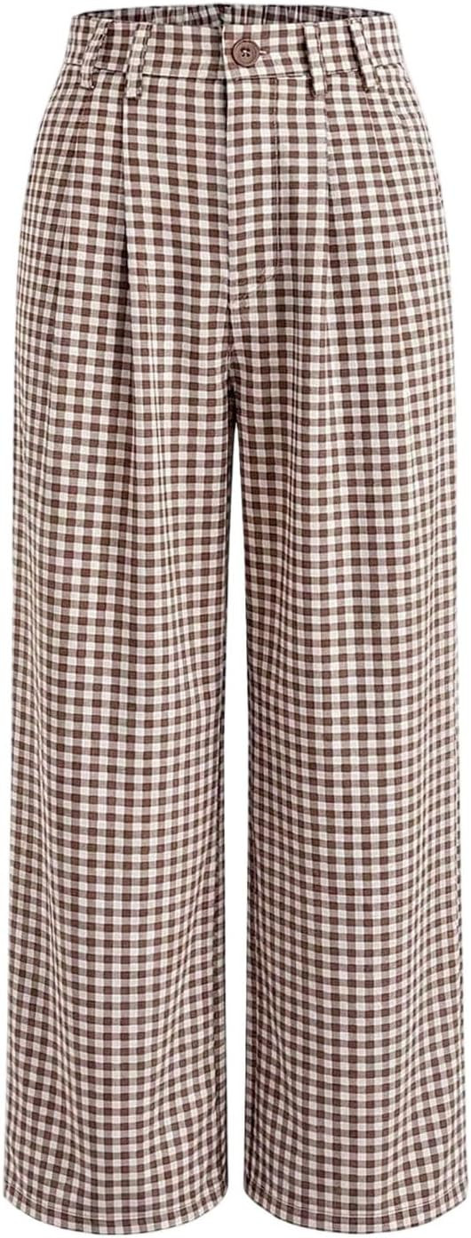 GORGLITTER Women's Gingham Palazzo Pants Dressy Plaid Business Casual Wide Leg Pleated Trousers with Pockets | Amazon (US)