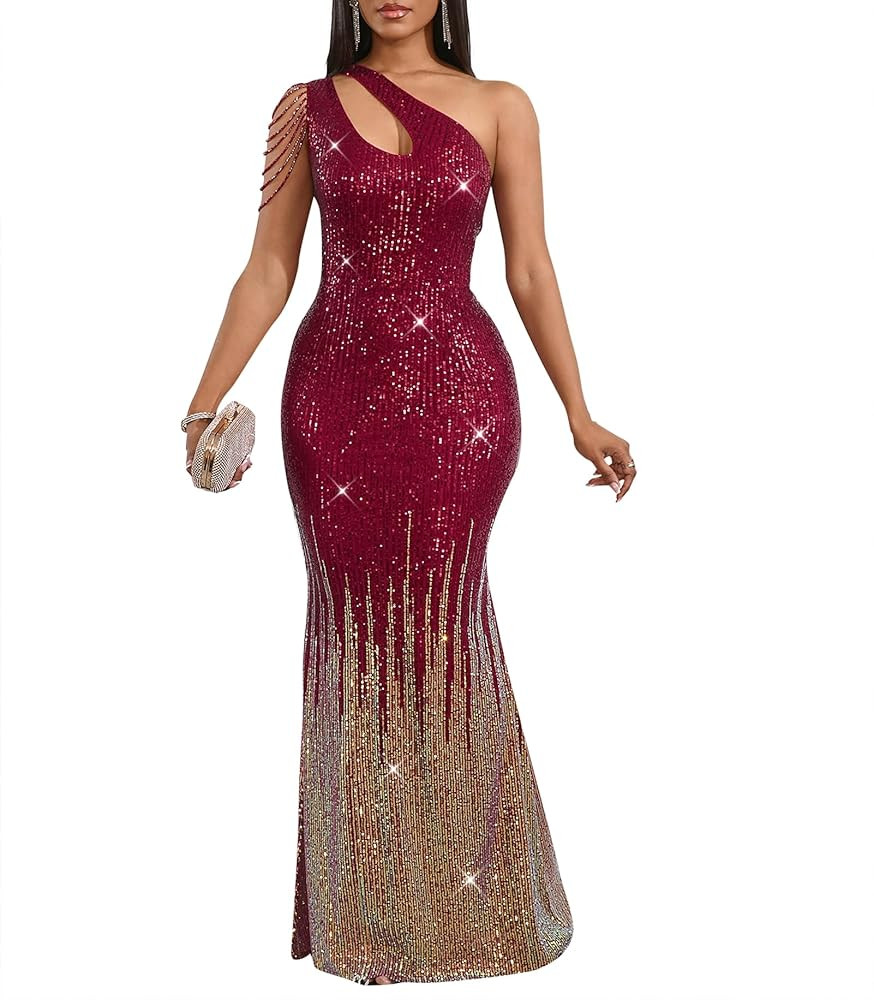 Cololura Women Sequin Elegant Sexy One Shoulder Tassel Mermaid Bodycon Cocktail Evening Dress | Amazon (US)