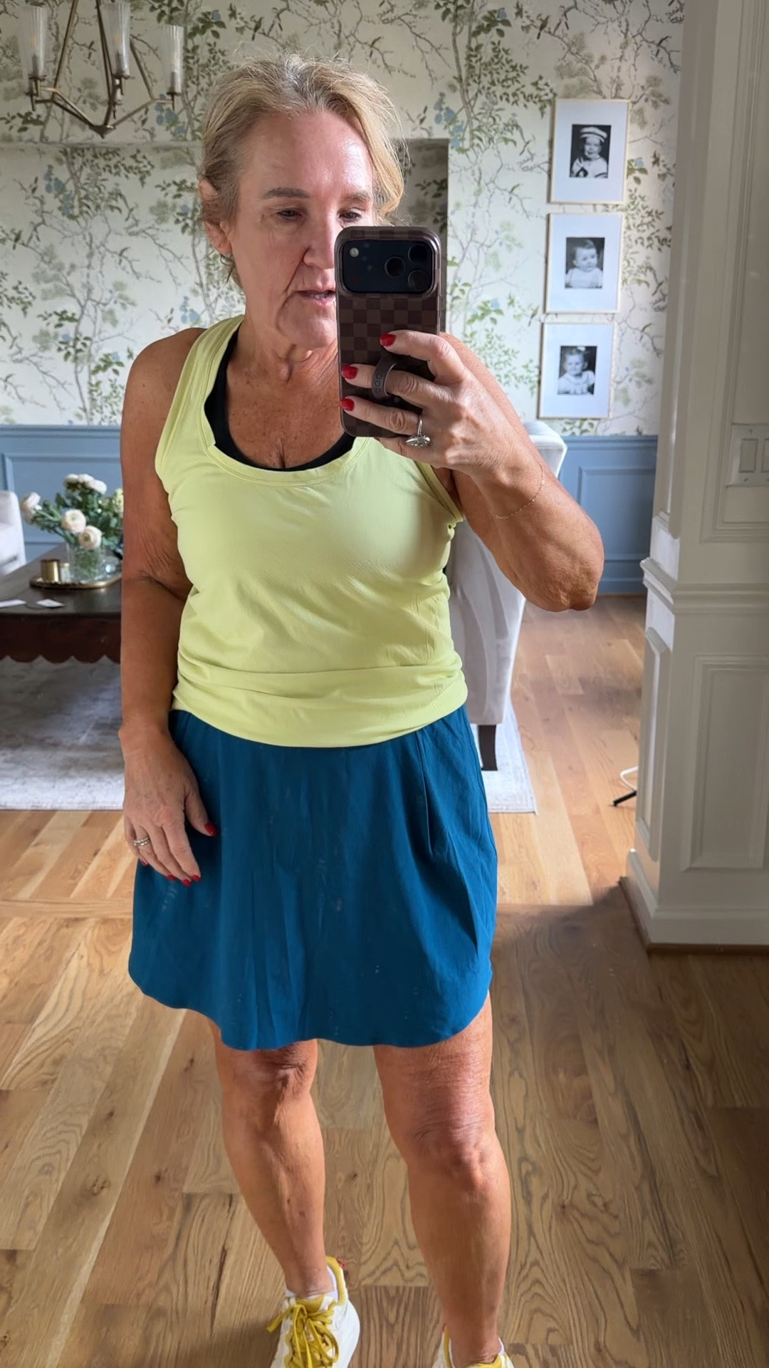 Tank size up to a large 
Skort size up to a large 
I love this job bra, especially for the summer. I hook it in the back pull it on overhead to get it on. Then after my run, I unhook it and pull it forward. It makes it so much easier rather than wrangling with a sweaty jog bra to remove.

#LTKOver40 #LTKmorningroutine #LTKActive