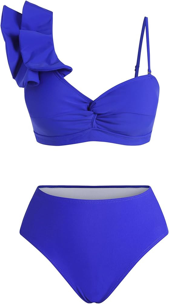 ZAFUL Women High Waisted Bikini Set Solid Color Splice Ruffled Twist 2 Piece Swimwear Summer Beach Bathing Suit | Amazon (US)