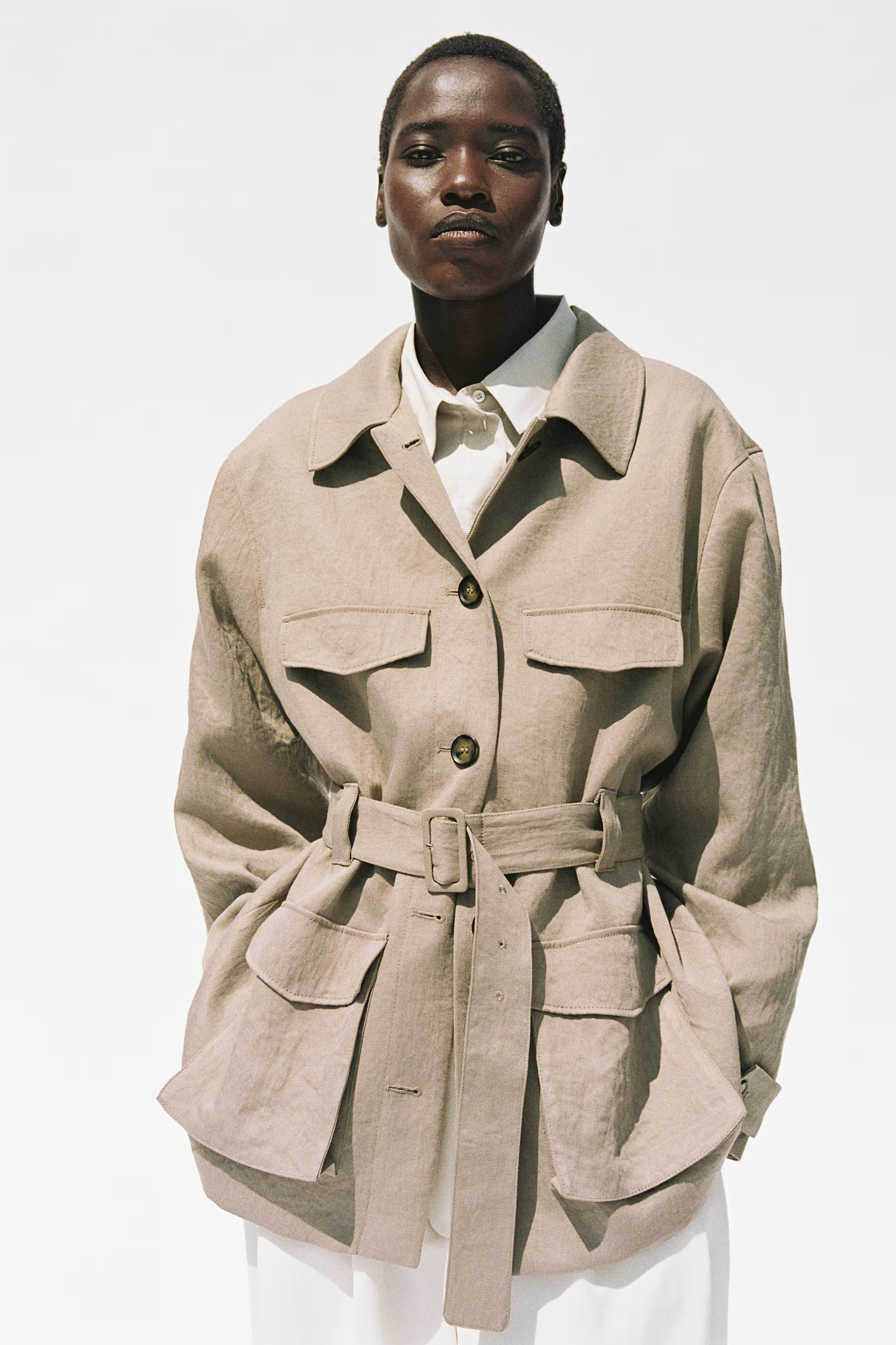 Oversized cargo jacket - Long sleeve - Long - Greige - Ladies | H&M GB | H&M (UK, MY, IN, SG, PH, TW, HK)