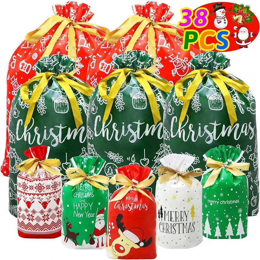 ZMCINER 38 PCS Christmas Drawstring Gift Bags Assorted Sizes Christmas Bags Drawstring for Gifts ... | Amazon (US)
