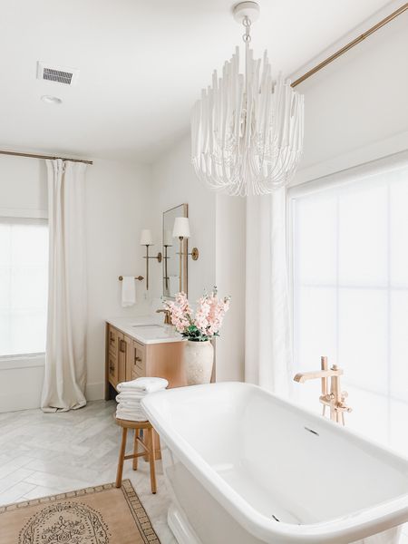 Light and air bathroom with warm wood and pops of pink! 

Primary bathroom, bathroom finds, bathroom decor, lighting, chandelier, sconces, vanity mirrors, faux linen curtains, Amazon finds, wayfair finds, pottery barn finds, vases, brass fixtures, brass plumbing, Target finds, furniture finds, fave finds, shop the look! 

#LTKFind #LTKhome #LTKstyletip