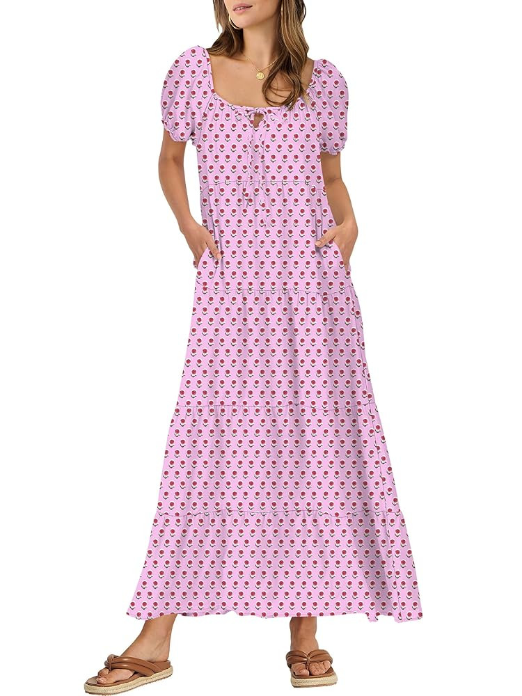 ANRABESS Women's Boho Maxi Dresses 2025 Summer Casual Floral Puff Short Sleeve Tie Front Flowy Sw... | Amazon (US)