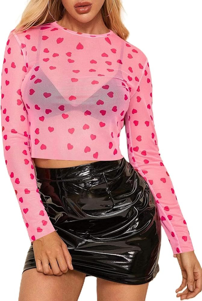 KACAOAC Women's Long Sleeve Checkered Print Sexy See Through Sheer Mesh Crop Top Tee T Shirts | Amazon (US)