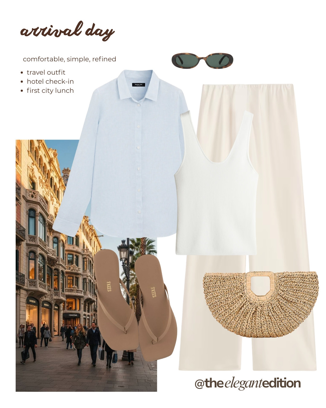 ARRIVAL DAY LOOK 🤍 — Light blue linen shirt, cream tank top, wide-leg cream trousers, woven bag and nude flip flops. Comfortable, simple and refined for travel, hotel check-in and that first city lunch.
#LTKsummer #LTKeurope #LTKtravel #traveloutfit #summeroutfit #oldmoney #quietluxury 

 #LTKeurope #LTKtravel #LTKstyletip