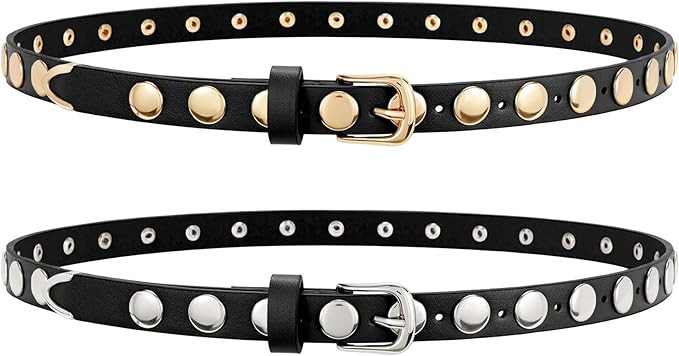 WERFORU 2 Pack Women Skinny Studded Belt Fashion Leather Waistbelts for Women Black Studded Belt ... | Amazon (US)