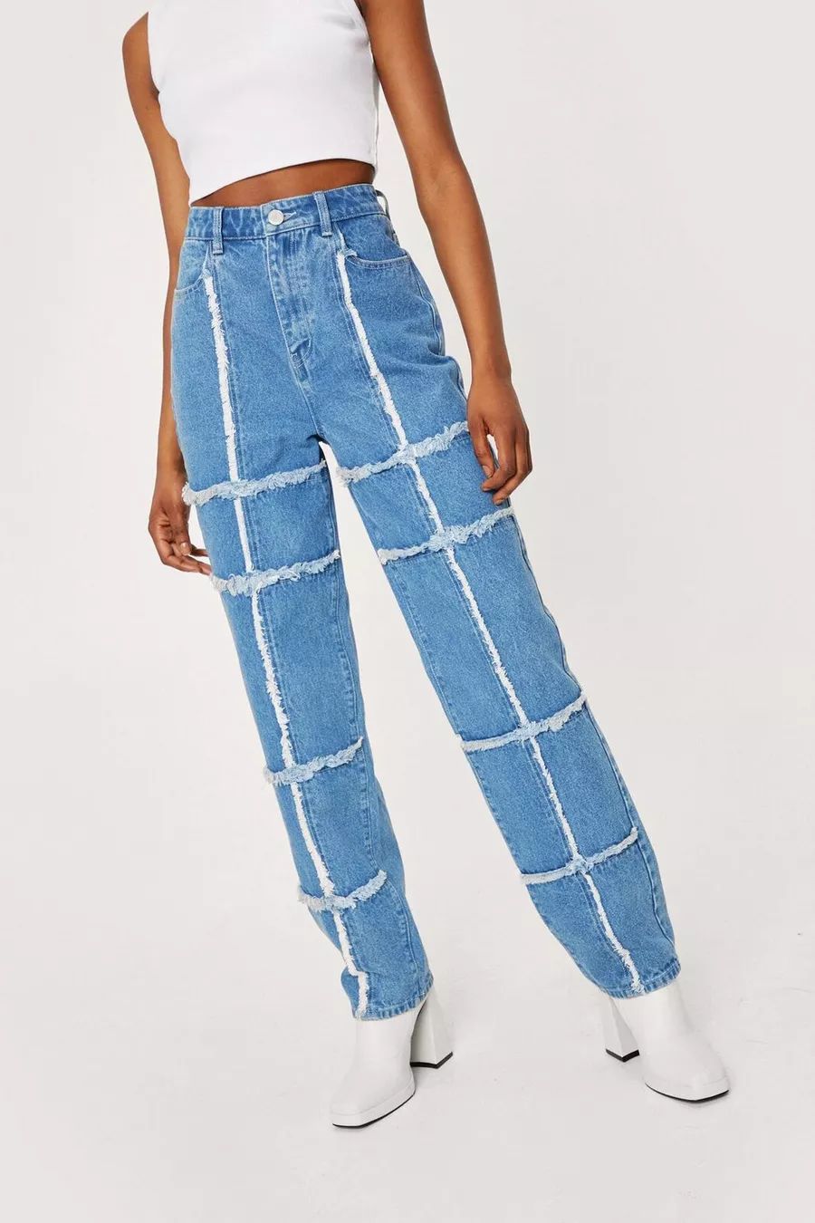 Frayed Seam Grid Straight Leg Jeans | Nasty Gal (US)