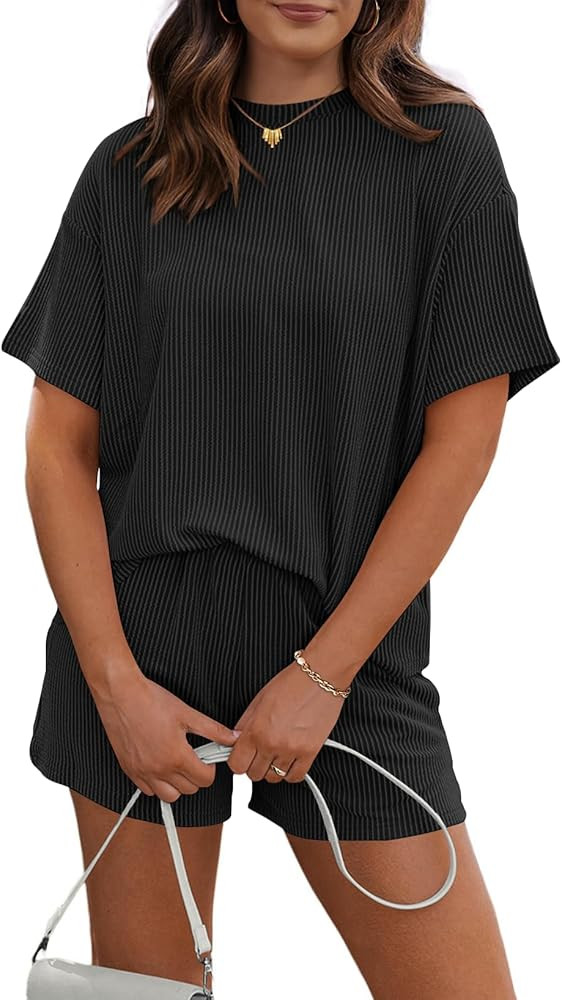 RUBZOOF Women's 2 Piece Sets Short Sleeve Outfits Ribbed Textured Knit Lounge Shorts Set Oversize... | Amazon (US)