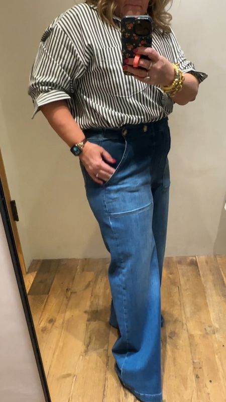 These pilcro jeans are top sellers. I’m in a 32 reg. I’m going to order the petite. Nice stretch and a leg lengthening line. 
This is the oversized button down tucked in. Wearing a large. 

Grab these pieces on the LTK spring sale. 

Anthropologie jeans spring outfit 

#LTKSpringSale #LTKover40 #LTKmidsize