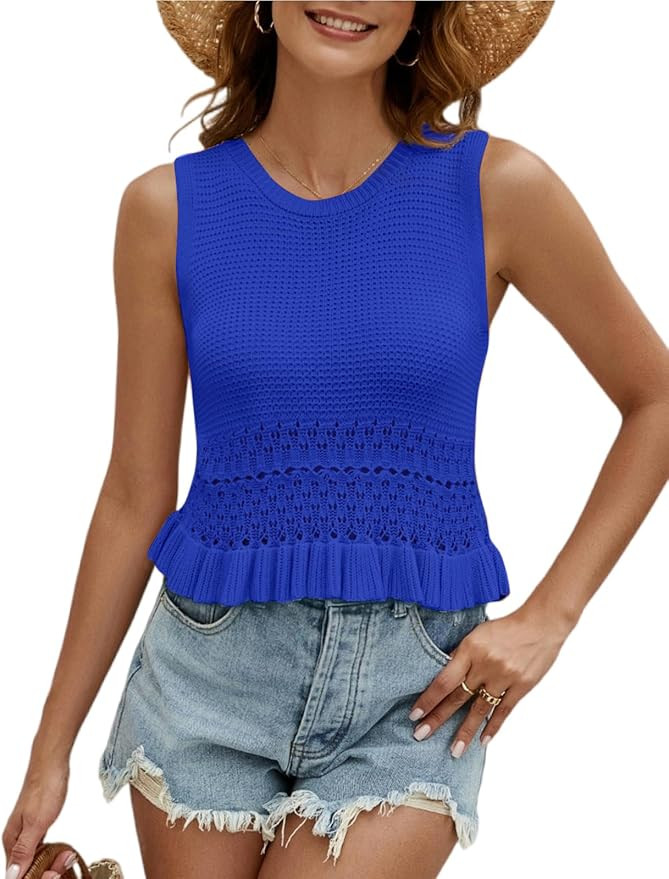 VIMPUNEC Womens Summer Crop Tank Tops Cute Knit Sweater Vest Crochet Sleeveless Pullover Top | Amazon (US)